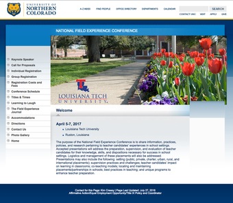 Screenshot of National Field Experience Conference website with Louisiana Tech University logo on front screen.